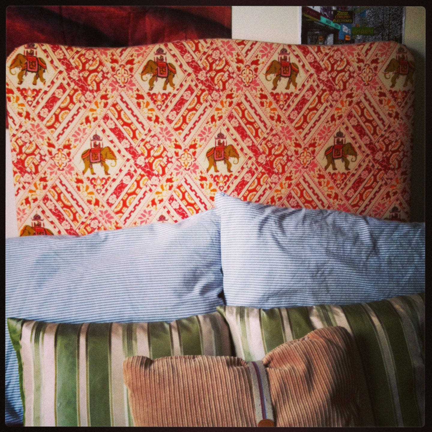 Vintage Anthropologie -style Indian Elephant Upholstered Bohemian Twin or King-Sz. Headboard w/  Red & Orange Geometric Patterned Fabric
