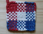 Red White and Blue Denim Color Patriotic Flag Colors Woven Cotton Loop Loom Potholder Vintage Colorful Kitchen Farmhouse Style