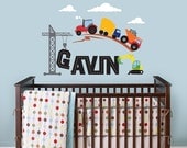 Construction Scene and Custom Name, Tractor, Truck, Crane Wall Decal for Baby Nursery or Children's Room
