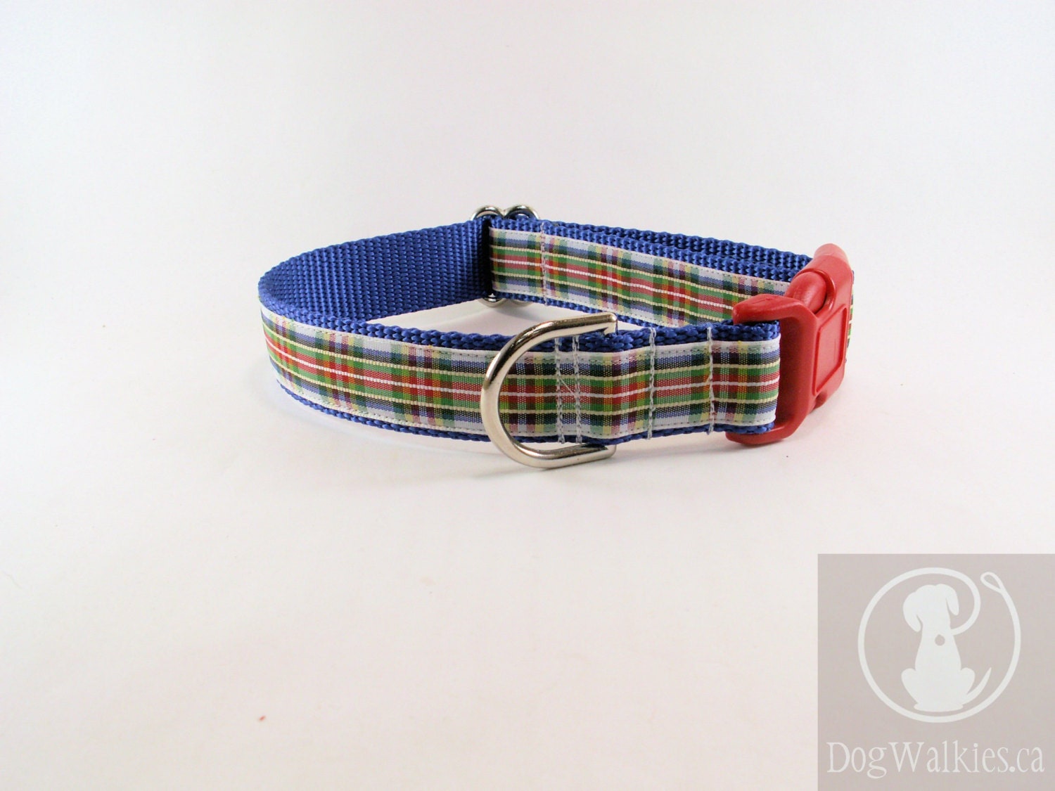 Plaid Dog Collar - 1" Wide - Red, White and Blue Tartan - Martingale or Red Quick Release