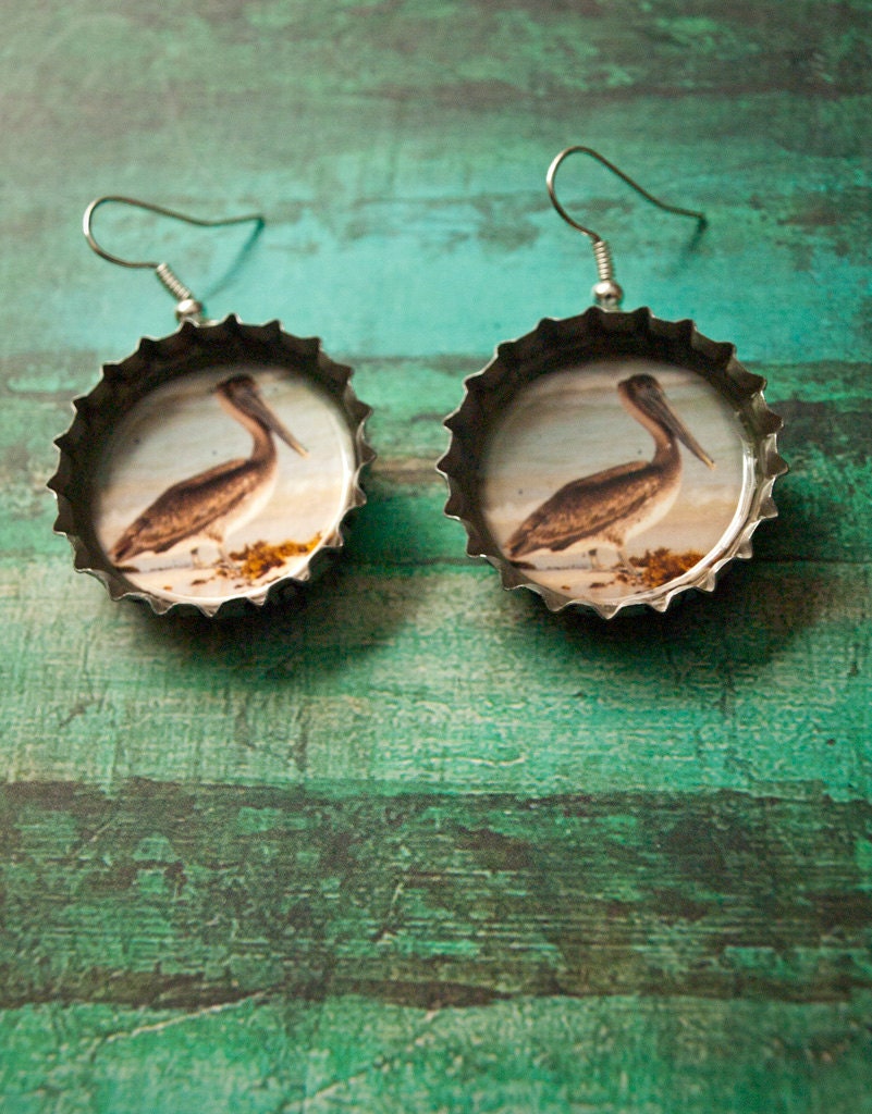 Upcycled bottlecap photo earrings- Pelicans in Tulum