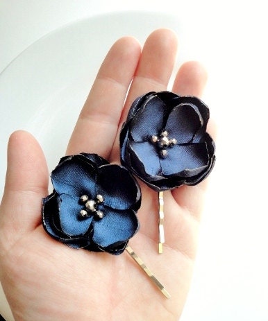 Navy Flower Bobby Pins, Satin Blue Bridal Hair Clips, Bridesmaid Accessories, Girls, Small Navy Fabric Flowers