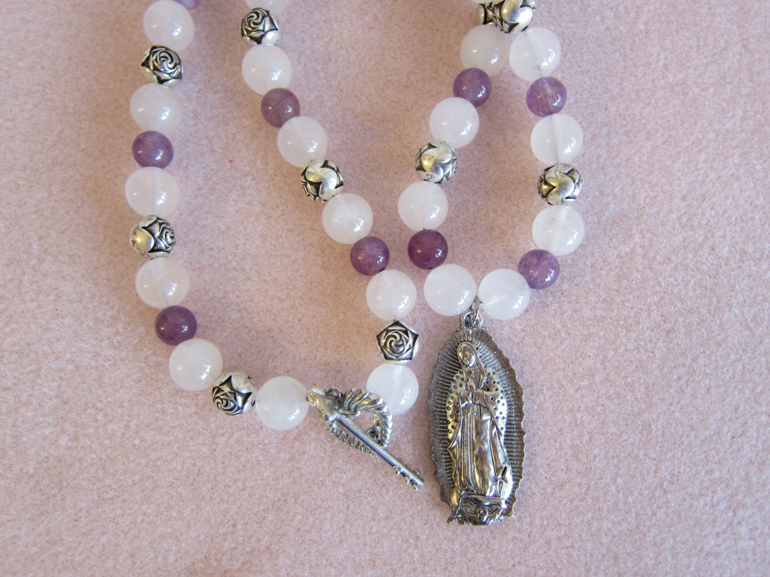 Virgin of Guadalupe Goddess Rosary Necklace with rose quartz and purple quartz