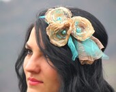 Shabby Chic, Fabric Bib Necklace With Pearls. Multipurpose, Headband, Neck Band, Cuff Bracelet, With Fabric Flowers. Vanilla and turquoise.