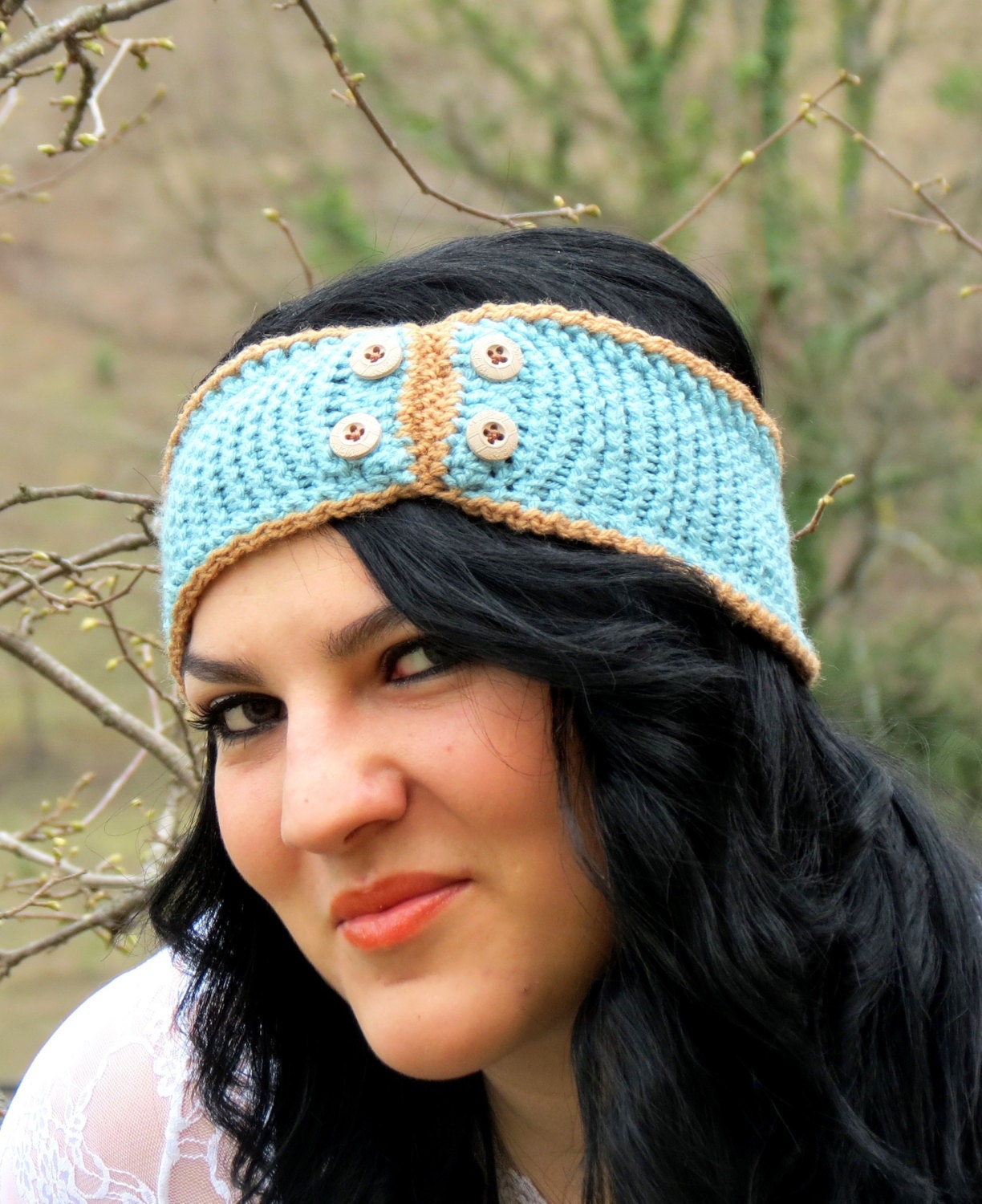 Knitted Headband bluish gray Headband Ear Warmer with Button. Ear Warmer, Head Dress, Winter Fashion, Hair Bands Hair Coverings for Women