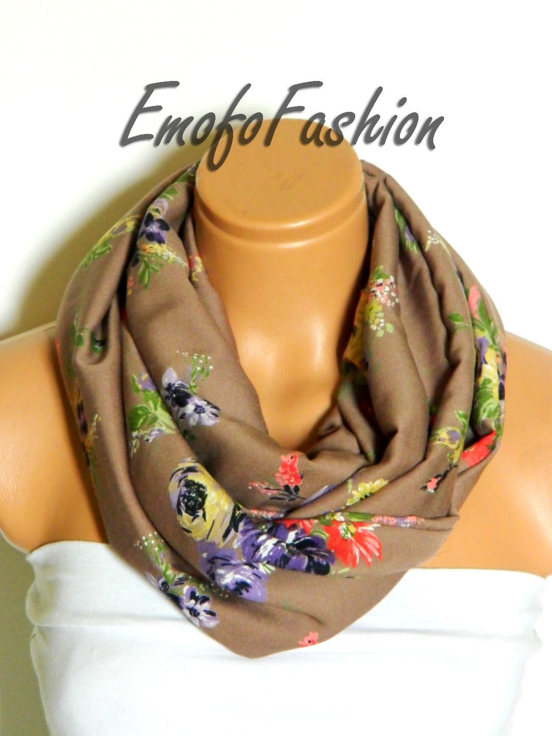 Infinity Scarf Floral Print Circle Loop Scarf Women's Fashion Accessories Gifts for Her Brown, Taupes, Purple Greens