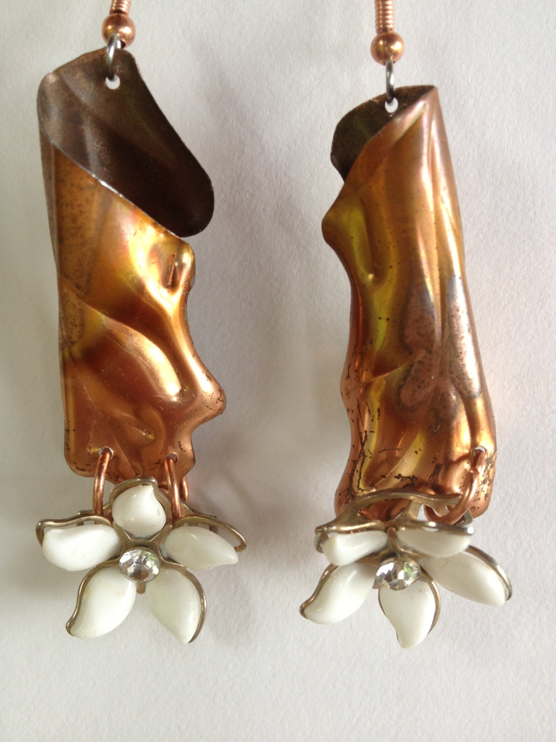 Altered Art Drop Earring Vintage Flower Copper Dangle Jewelry Woodland Nature Inspire