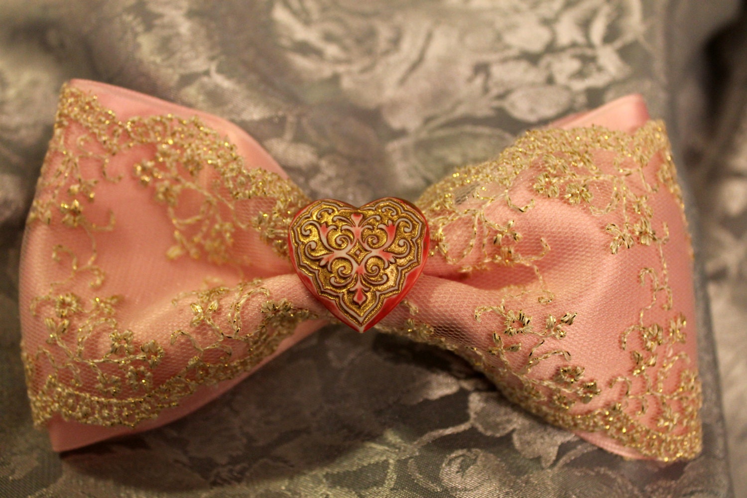 Hair accessory-bow clip-pink satin ribbon bow-ivory and gold lace-vintage gold and pink heart-cute flower girl bow-victorian hair bow