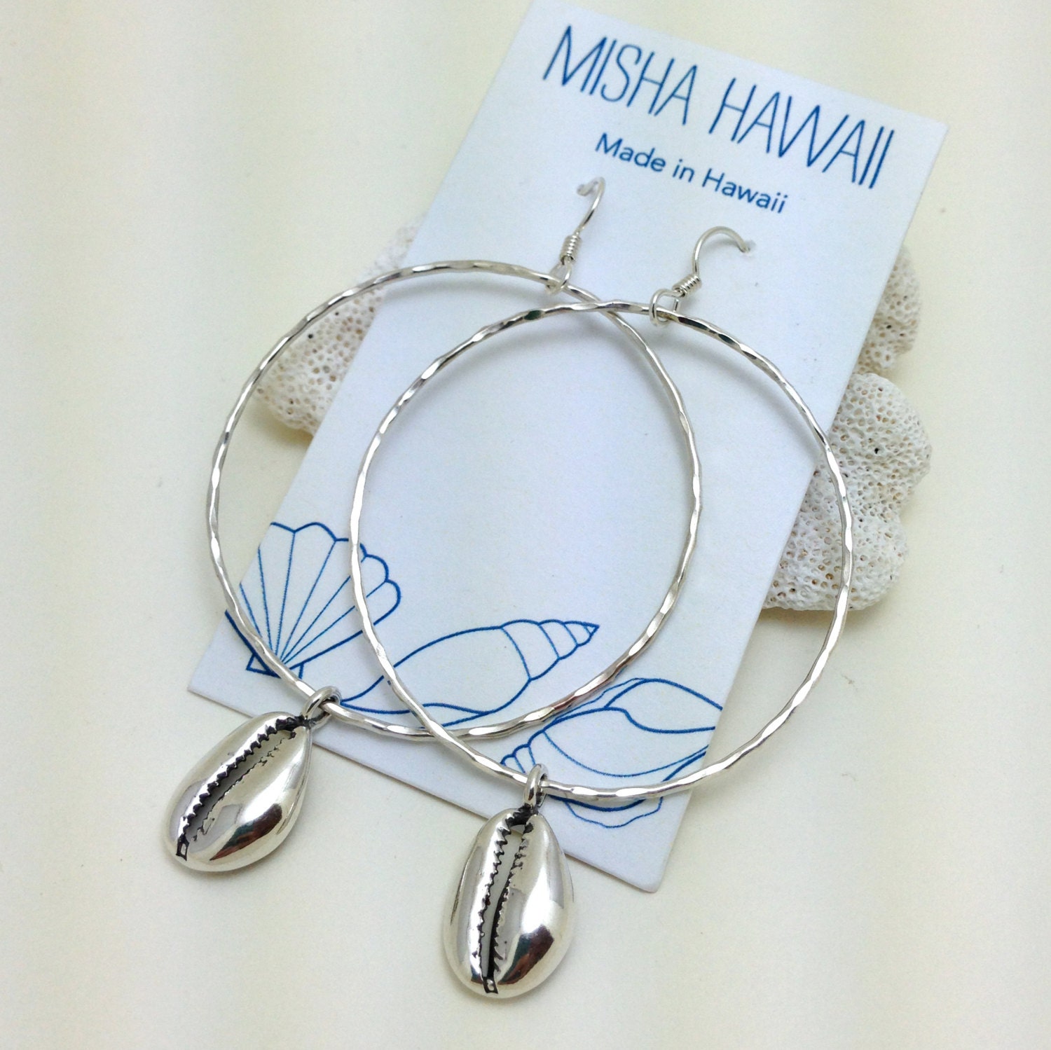 Cowrie Shell Casted Hoop Earrings Sterling Silver