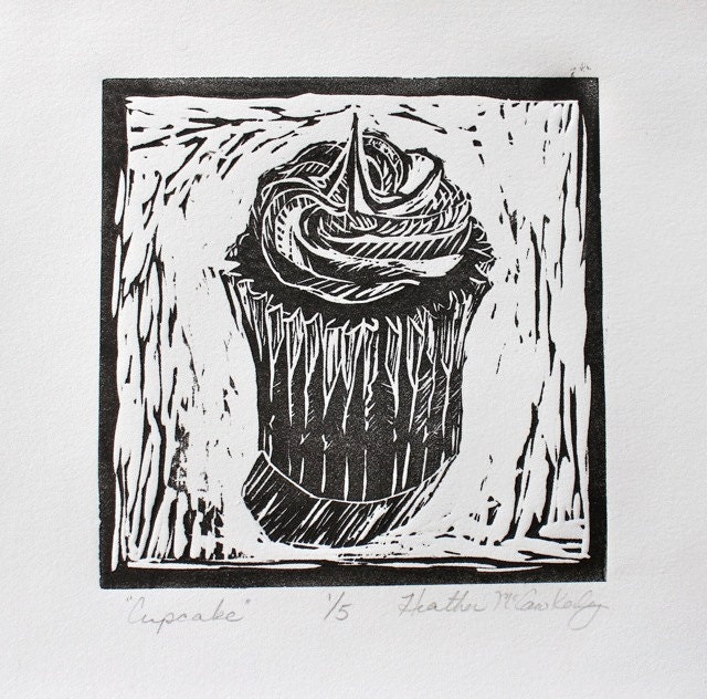 Cupcake Linocut Print, Hand-Pulled Print on Arches Paper, by Heather McCaw Kerley
