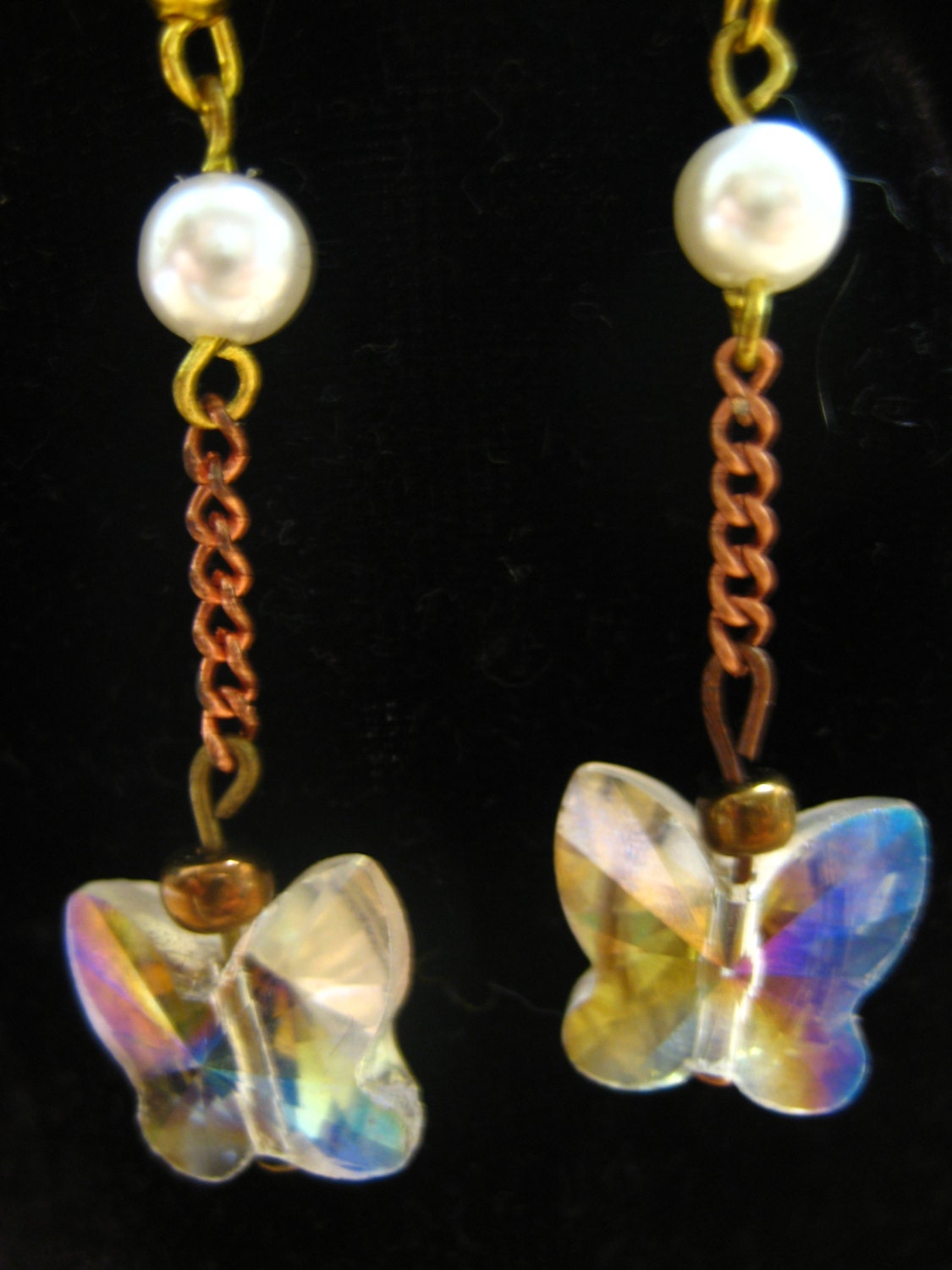 Swarovsky Crystal My Hearts all a Flutter mixed metal Copper and brass, Pearl Butterfly Earrings