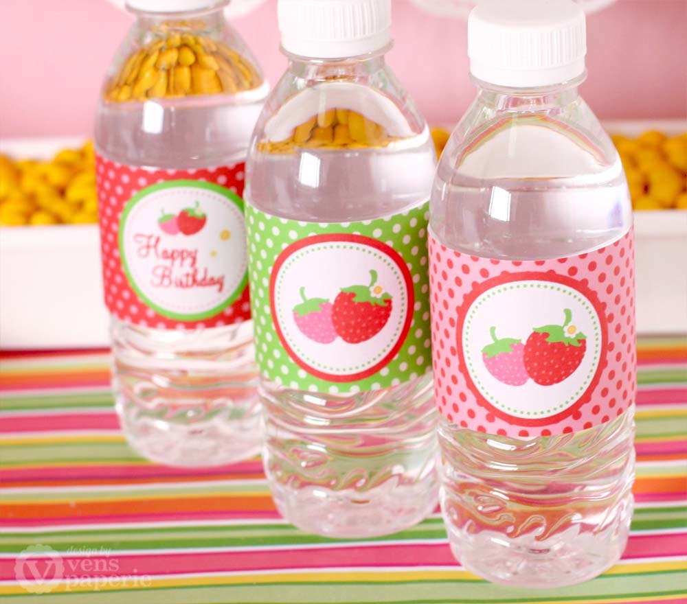 Red Pink Berry Strawberry Birthday Party - DIY PRINTABLE Water Bottle Drink Label - Instant Download - PS803CA1g