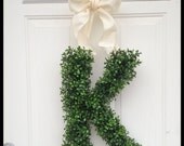 Monogram Door Hanger - Initial Door Hanger - Wreaths - Spring Wreath - Wood Initial - Decor - Boxwood Wreath Burlap Ribbon