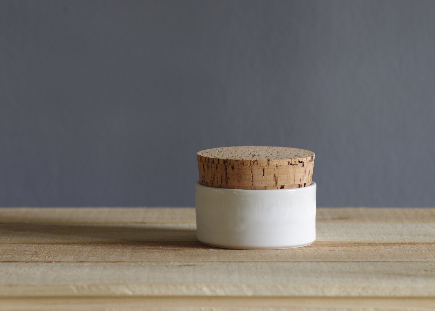 MTO small white salt cellar. white gloss glazed porcelain dish with  jumbo cork lid. minimal modern pottery ceramic
