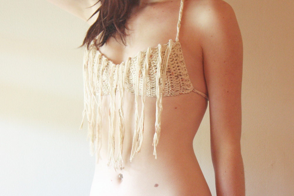 Original Cotton Fringe Bra / Bikini Top -  Made To Order - Ecru Sonoma Print, More Colors - Top Seller, Unique New Spring Tops