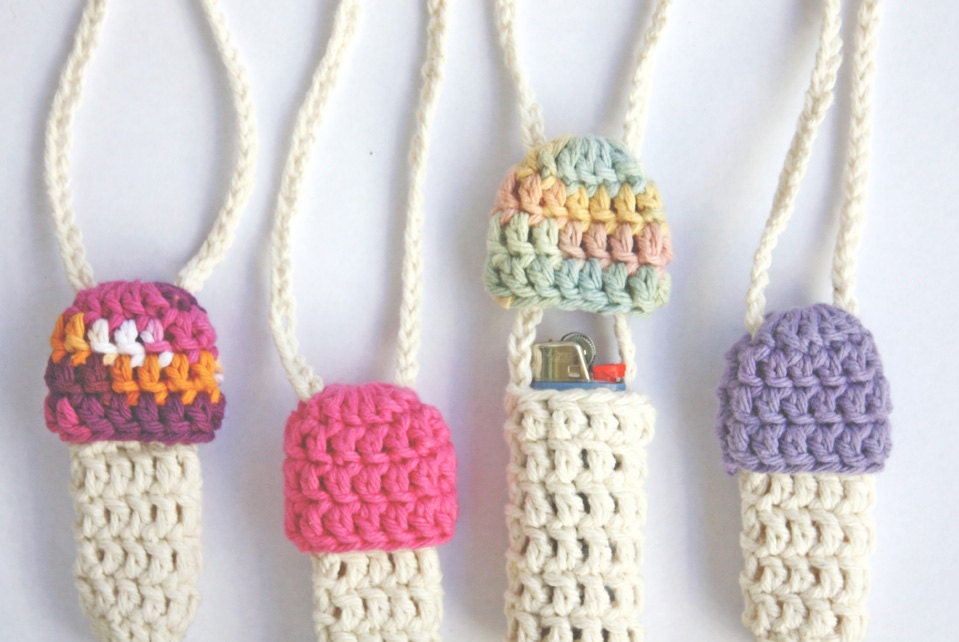 2 for 10 - Mushroom Lighter Holder - Cute Cotton Crochet Nintendo Novelty Necklace 1up - Custom Colors - Stash Spot, Party Wallet