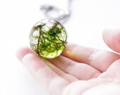 Real moss globe necklace - unique woodland crystal resin orb ball - stainless steel chain