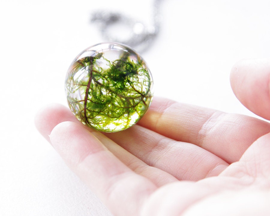 Real moss globe necklace - unique woodland crystal resin orb ball - stainless steel chain