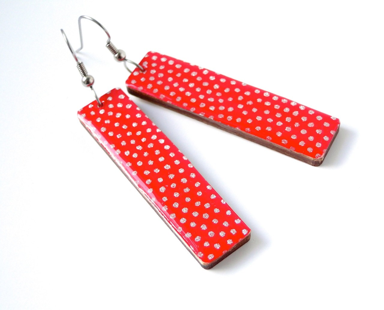 Red Earrings, Lipstick Red, polka Dots, Laser Cut wood, Lightweight, Gift Under 20, Long Earrings, Japanese washi, Cherry Red - PrettyKiku