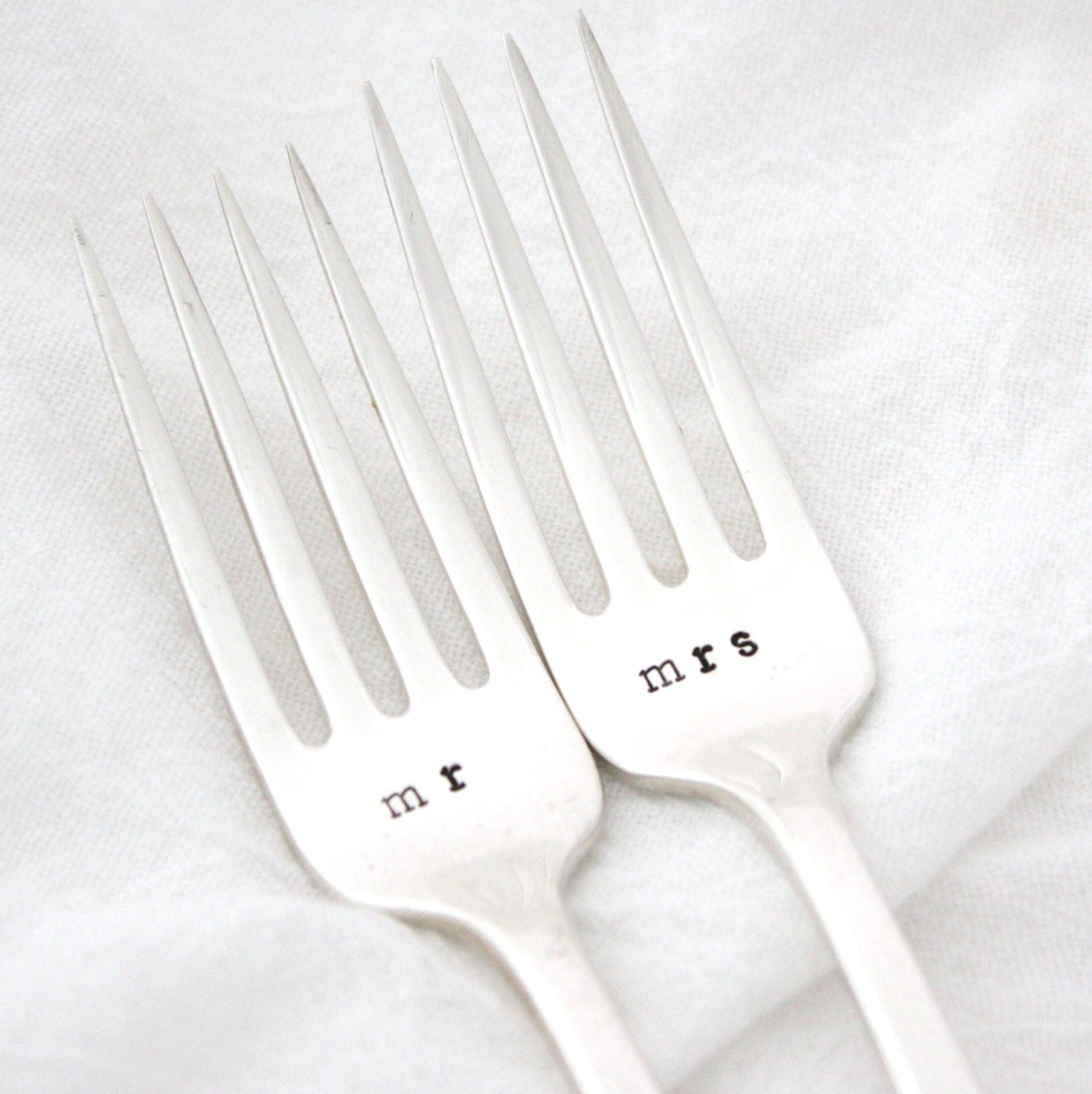 Mr and Mrs wedding forks. Hand stamped silverplated forks for table decor and place setting. Makes great photo prop.