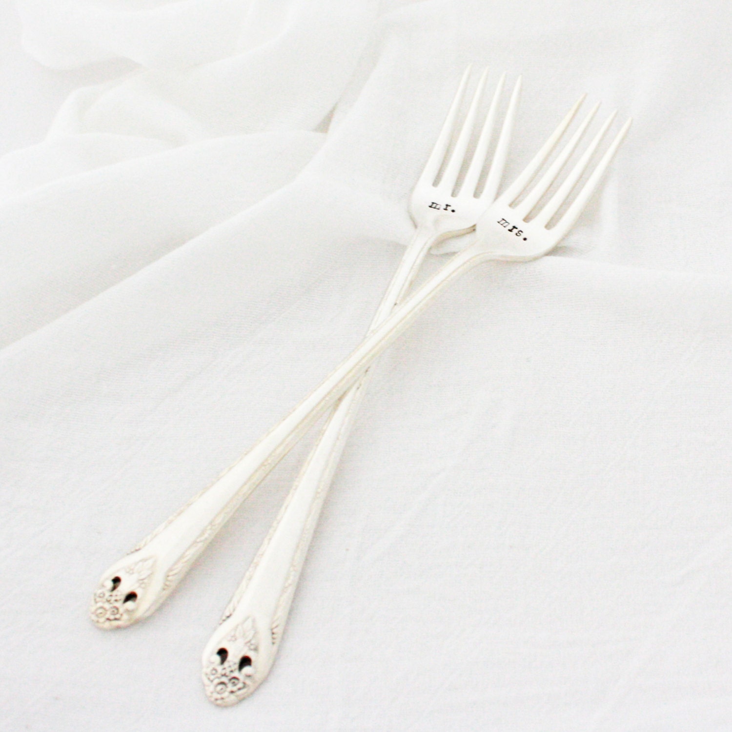 Mr and Mrs wedding forks table setting for wedding gift or engagement gift. Housewares by Milk & Honey