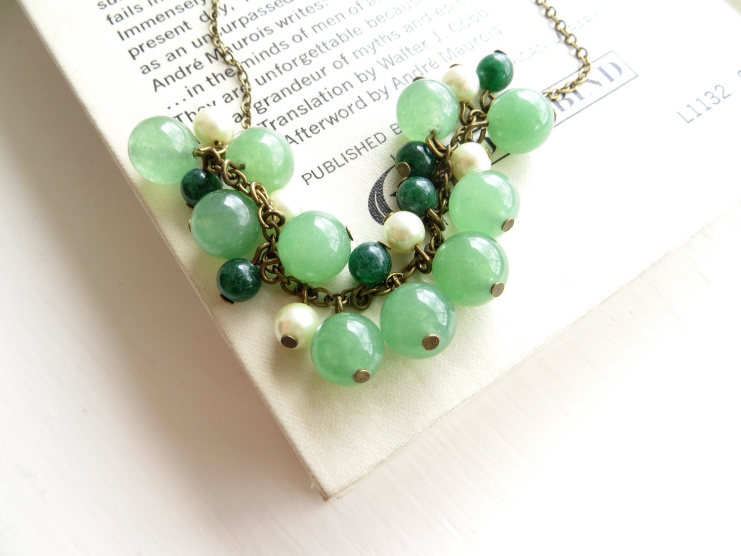 Jade Green Necklace - cluster, emerald green, antique brass, spring colors, Pantone 2013