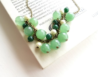 Jade Green Necklace - cluster, emerald green, antique brass, spring colors, Pantone 2013