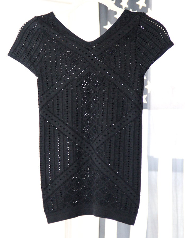 Stretchy Black See-Through Holey V-Neck Shirt