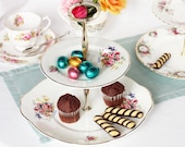 2 tier country cake stand / cupcake display: a lovely tea party centerpiece made from vintage English upcycled china