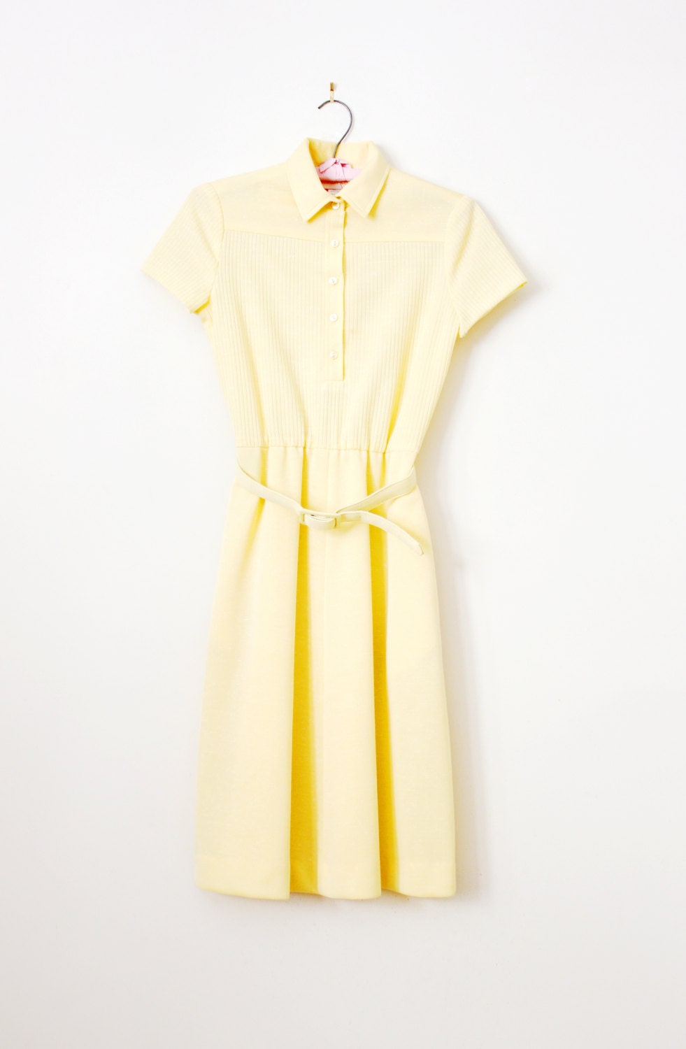 Vintage 1970's Canary Yellow Knit Shirt Dress - Doris Day Dress - Size Small