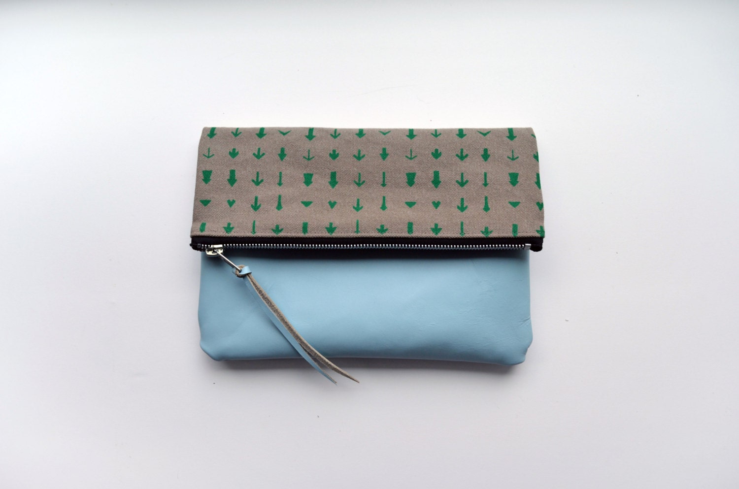Signs and Signals Arrow Screen printed Leather Fold Over Clutch Green Baby Blue and Taupe