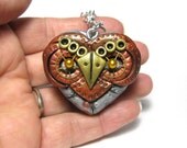 Owl locket heart steampunk industrial cogs gears jewellery necklace pendant