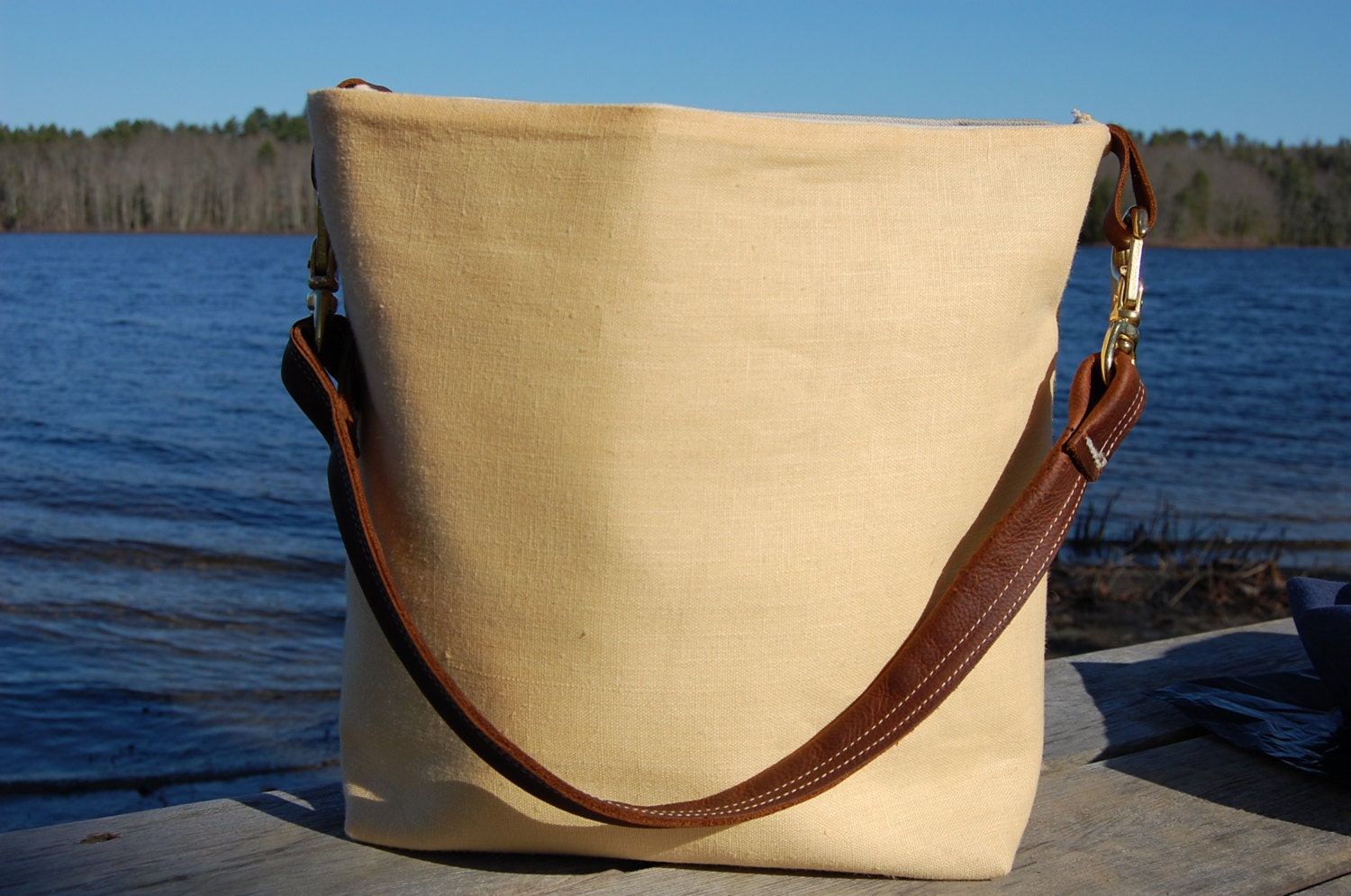 Linen Tote Bag / Yellow / Navy Fishbones / Linoleum Block Print / Leather Shoulder Strap / Brass Hardware / Canvas Interior / Women