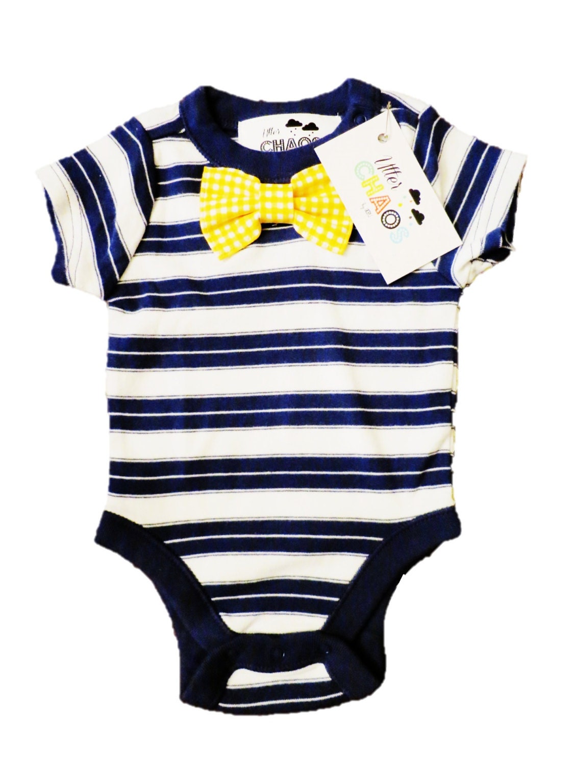 Baby Boy Navy striped Onesie with Yellow Gingham Tie or Bow Tie