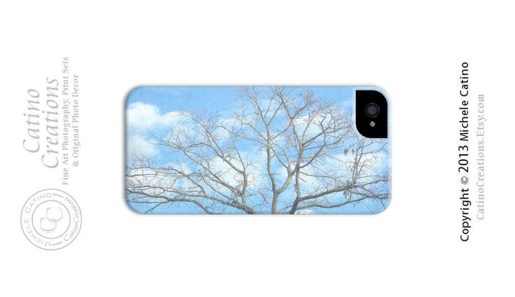 Dreamy Puffy fluffy white clouds gray tree branches blue sky  Samsung Galaxy S3, iPhone 4/4s Case, iPhone 5 Case, Slim Wrap Around Case