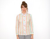 Vtg 70s Pastel Striped Shirt Rainbow Stripes Women's Medium