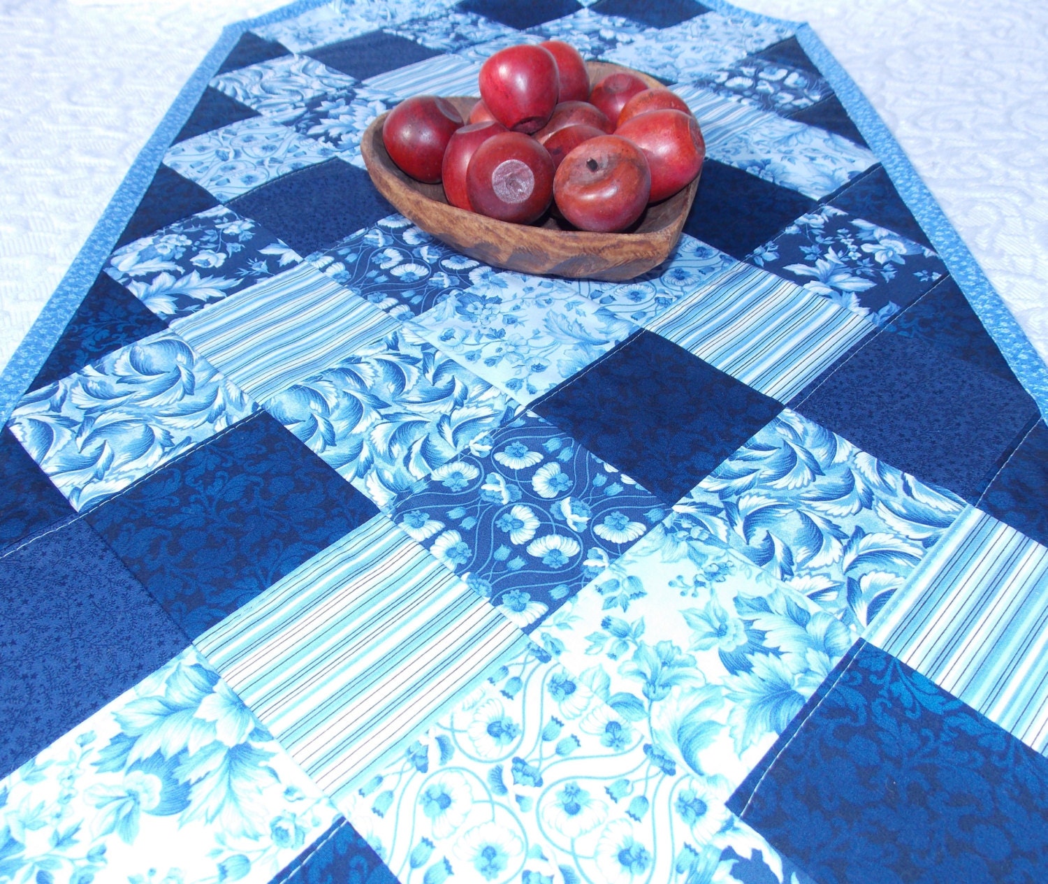 Blue Table Runner Quilt - Delft Blue and White - Floral, Stripes, Leaves