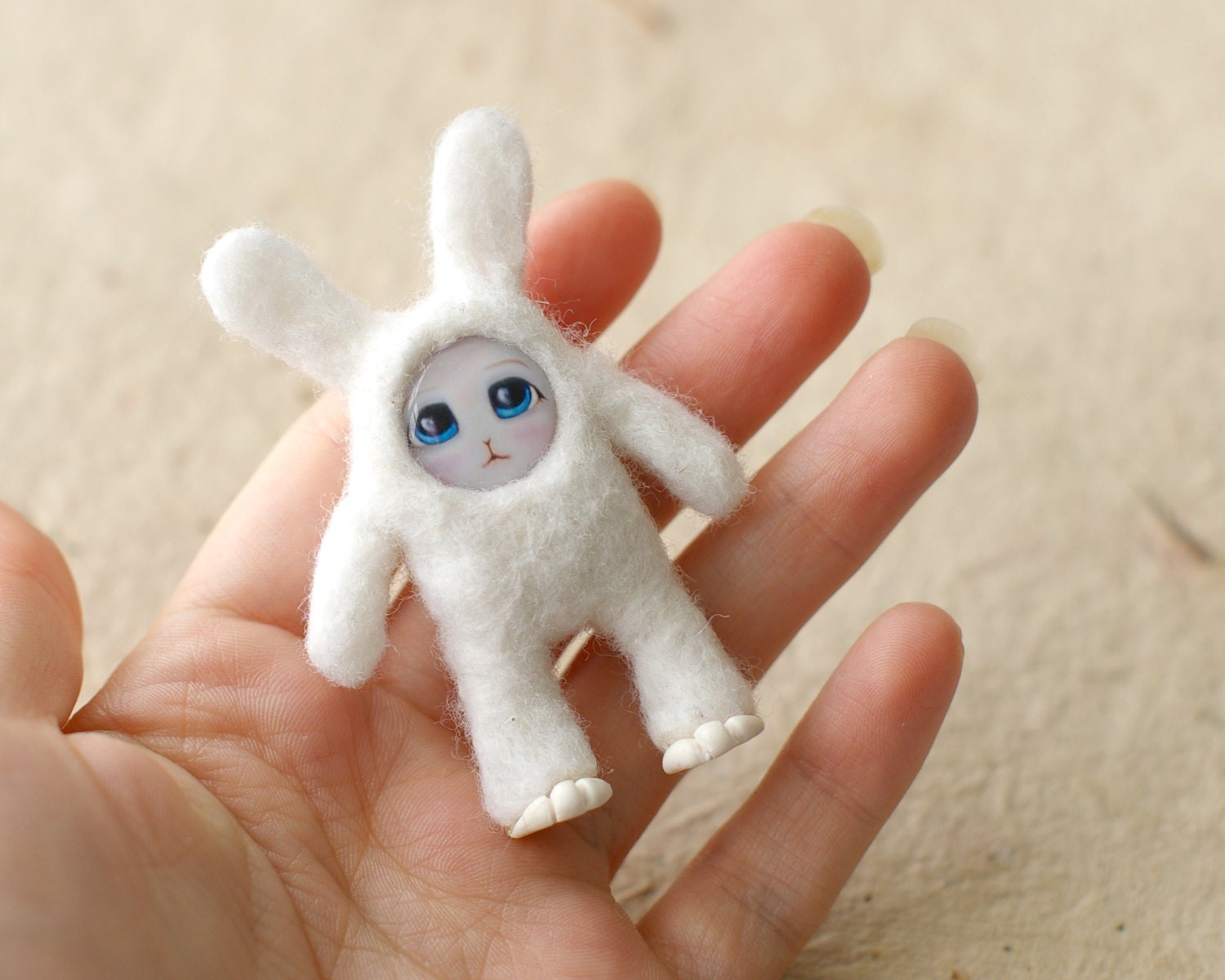 Felted Bunny with drawn face - Snow white pocket bunny - needle felted toy