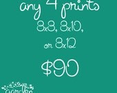 Sale 25% Off Any Four Photography Prints - Custom Listing - Your Choice - 8x8, 8x10, or 8x12 - Free Shipping - Home Wall Decor