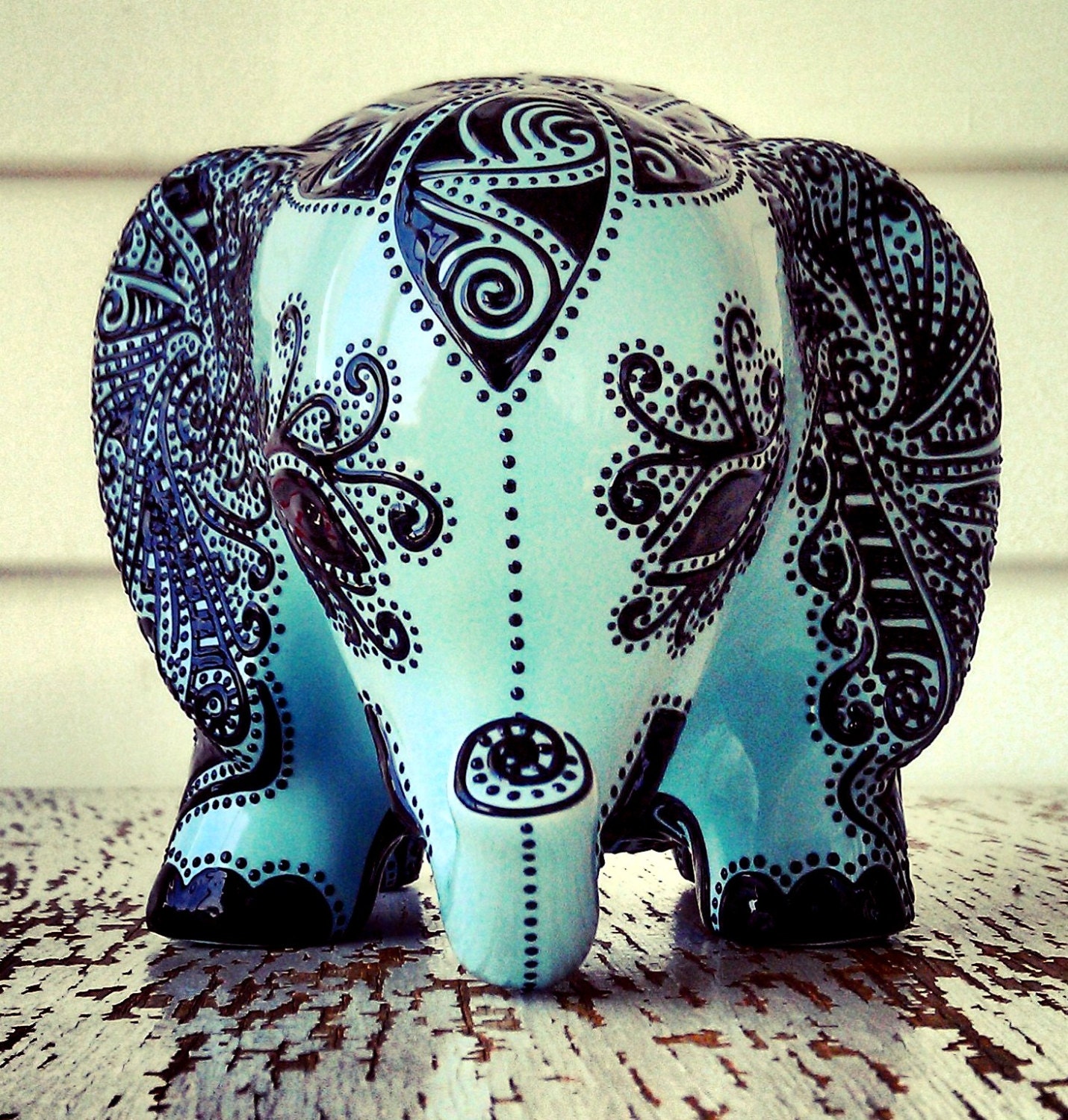 Elephant statue, Elephant bank, Baby elephant, Ceramic elephant, hand painted baby blue and black elephant, embossed elephant,lucky elephant