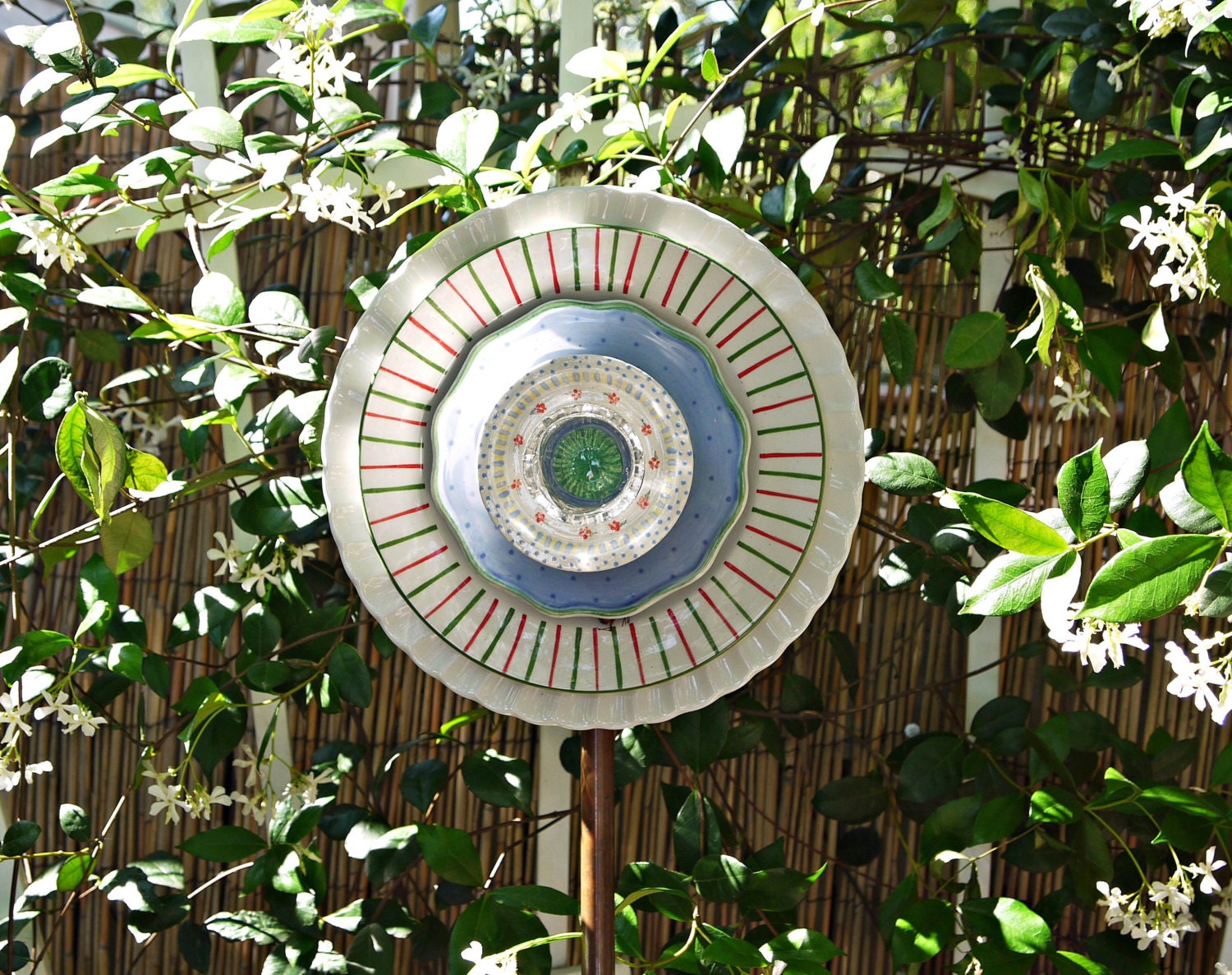 SALE - PASTEL Garden Yard Art, Garden Glass Flower, Garden Decor, Gift, Glass Plate Flower, Suncatcher,  Recycled, Bird Feeder, green blue