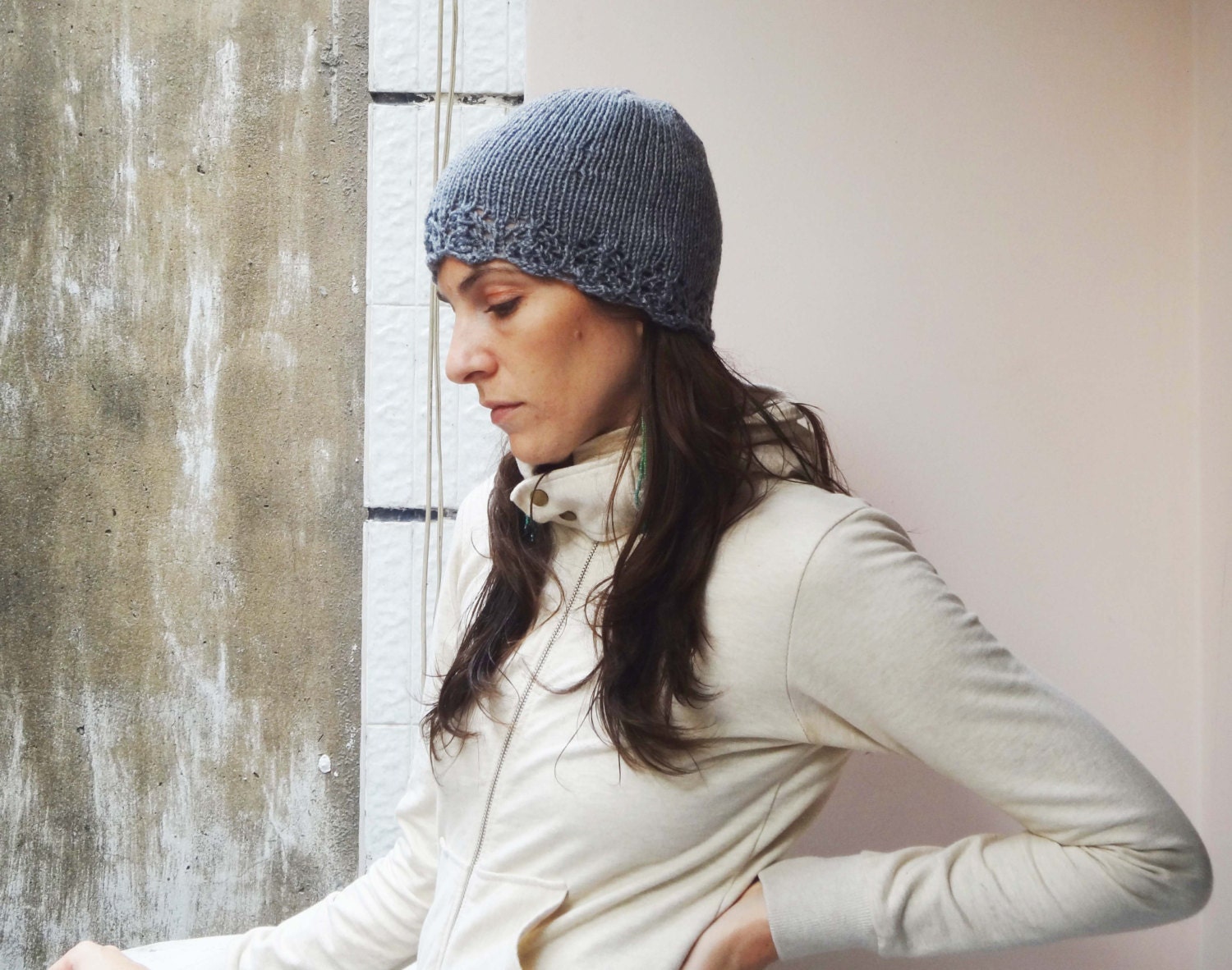 Knit Hat with Lace Trim in GRAY - womens or teen gift cap feminine boho beanie titanium grey fall fashion