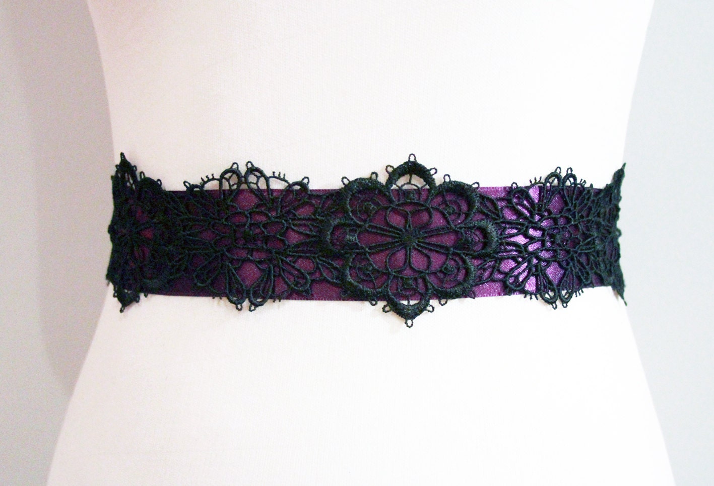 Purple Ribbon Black Lace - Wedding Dress Belt - Bridesmaid Bridal Flower Girl Sashes - Posh Double Sided Ribbon Belts