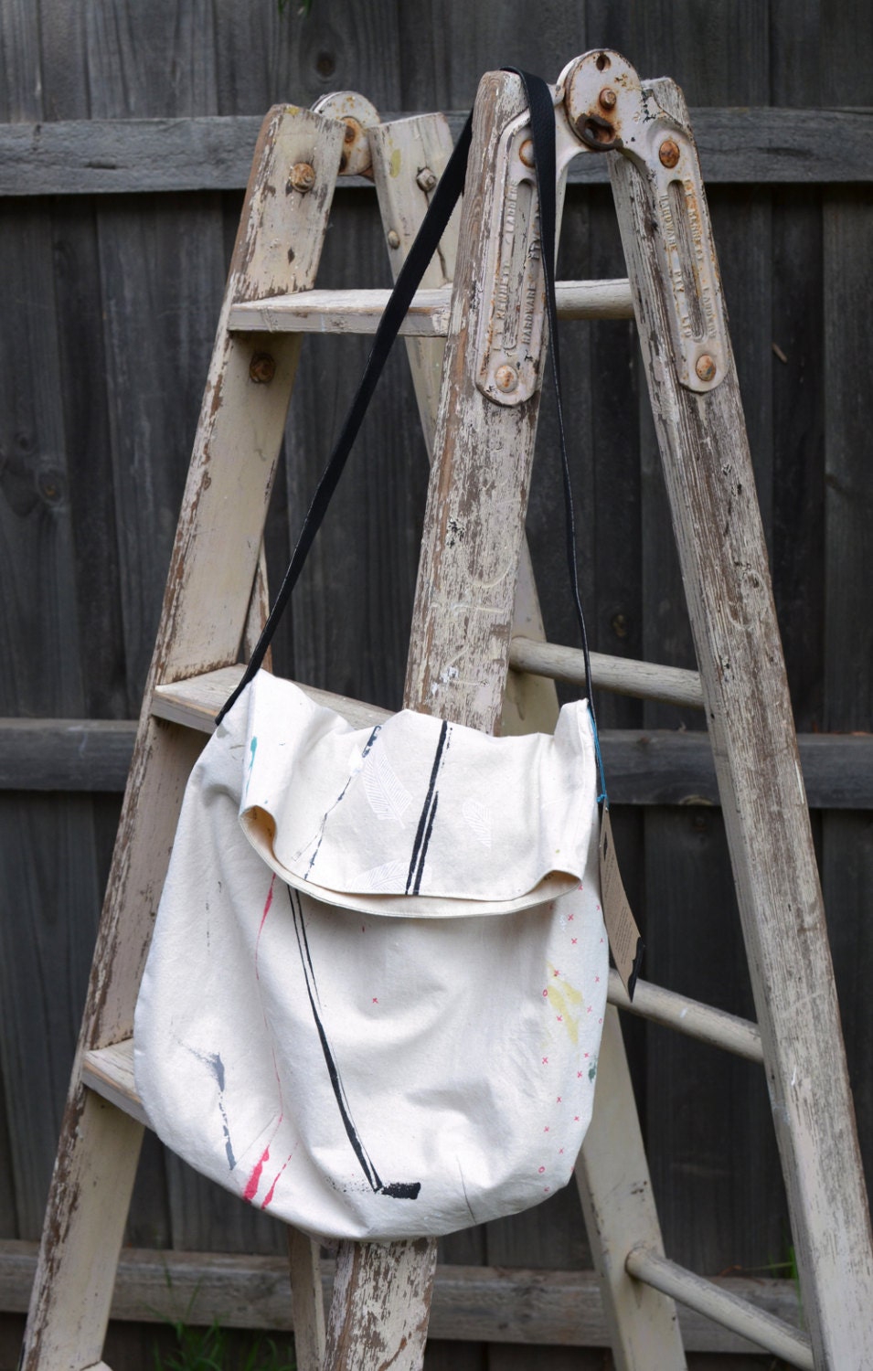 dropcloth foldover tote handprinted cotton canvas with genuine leather reversible totebag