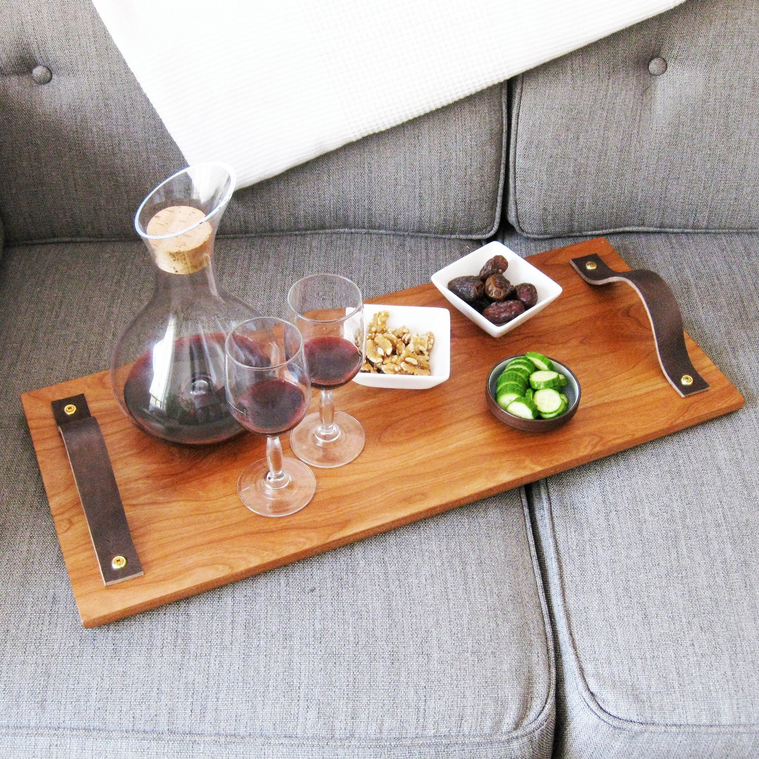 Ottoman Tray with salvaged wood, recycled leather and brass hardware