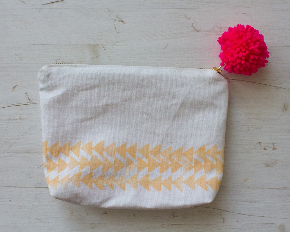 Hand Stamped Canvas Sundry Bag with zipper and pom pom