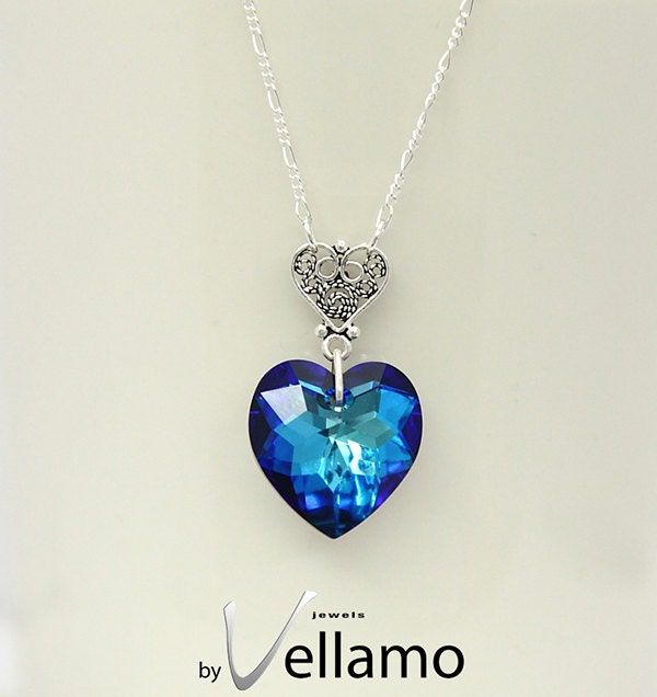 Something blue heart Swarovski crystal pendant with necklace, Bermuda blue, ocean blue, delicate filigree heart pendant