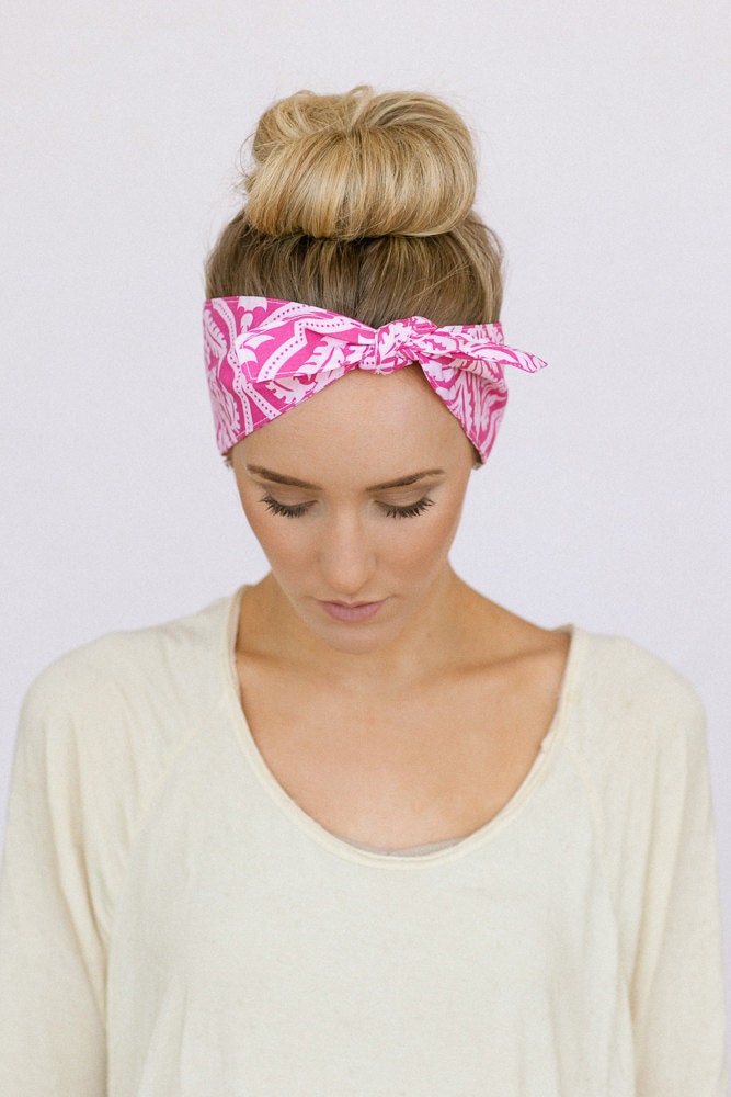 Tie Up Headscarf Headband Bandana Hair Accessory Boho Head WRap Tie Bandana Headband Pink Medallion Pattern