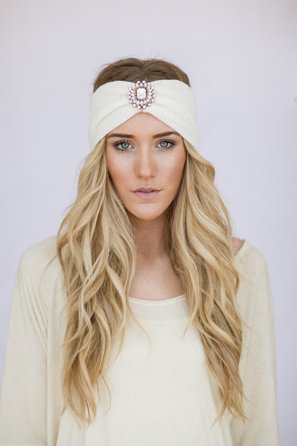 BOHO Headband Ivory Knit WanderLust Bohemian Hair Bands Rhinestone Crystal Medallion Free Spirited Travel Hair Accessories (IVORY)