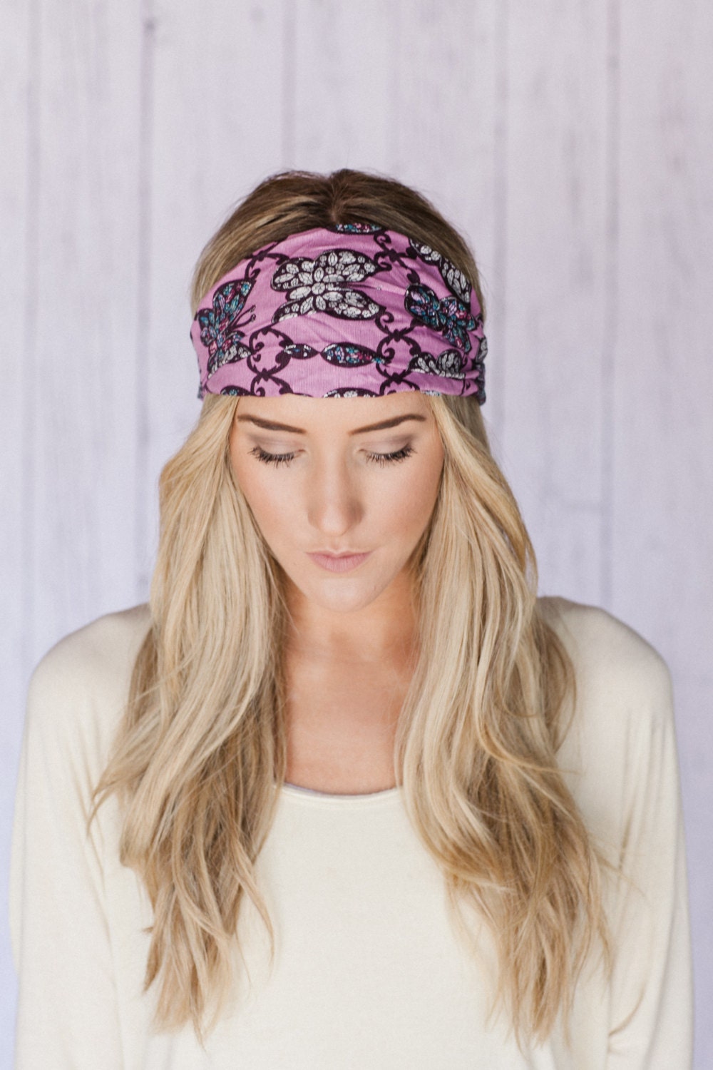 Flutter You Doin' Here Headband Wide Butterfly Sparkle Aztec Inspired Headband PURPLE Cotton Wide Head Wrap